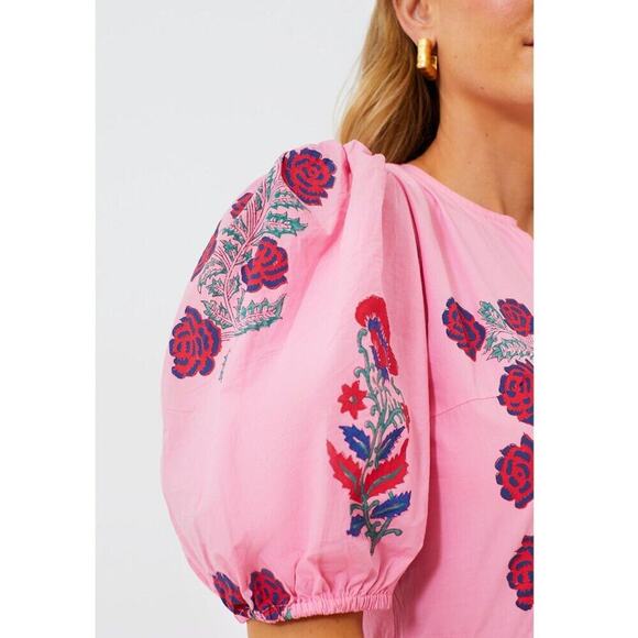Oliphant Tuckernuck Boca Pink Puff Sleeve Maxi Midi Cotton Block Print Dress - Picture 8 of 16